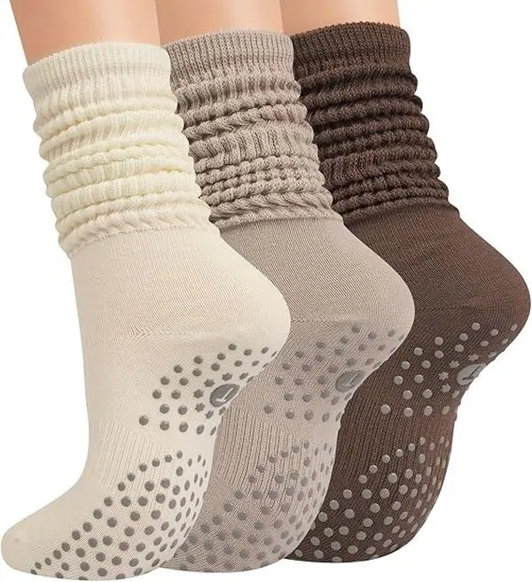 Plumax Grip Pilates Socks 3 pairs for Women Yoga Slouch Socks with Non-Slip Grip Five-Toe Design Secure Straps Breathable Cotton Knee-High Warmth