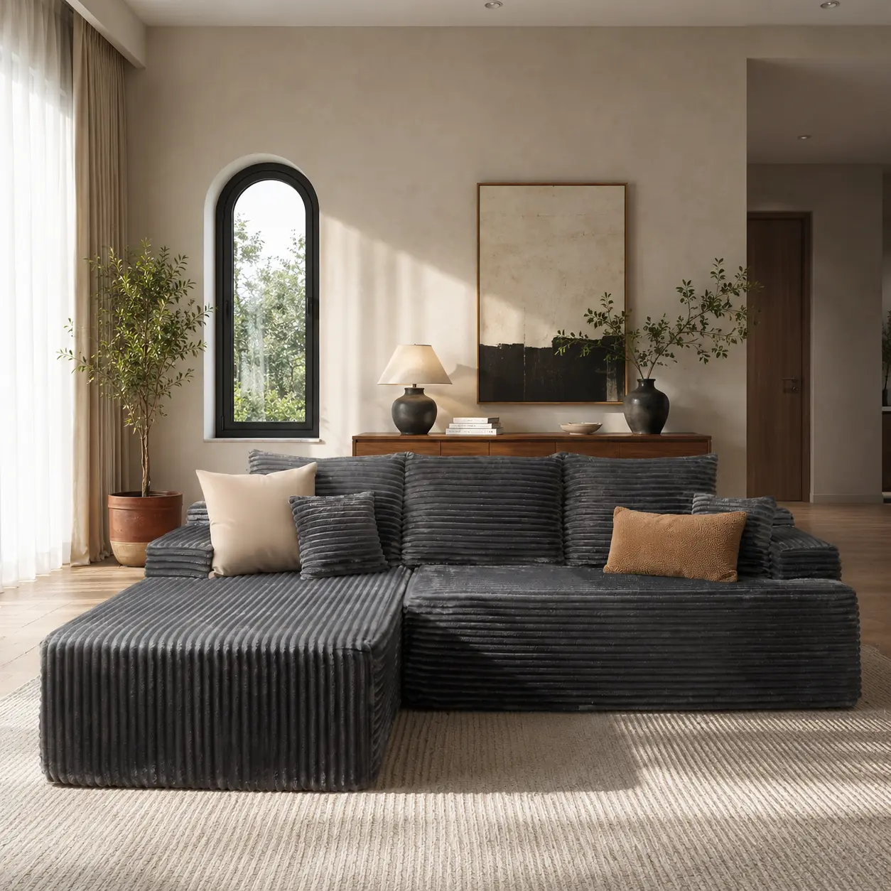 CAODOC 96” Modular Corduroy Cloud Couch, L Shaped Sectional Sofa with Chaise, Boneless Deep Seat Floor Sofa for Living Room, Bedroom, Apartment, No Assembly Required