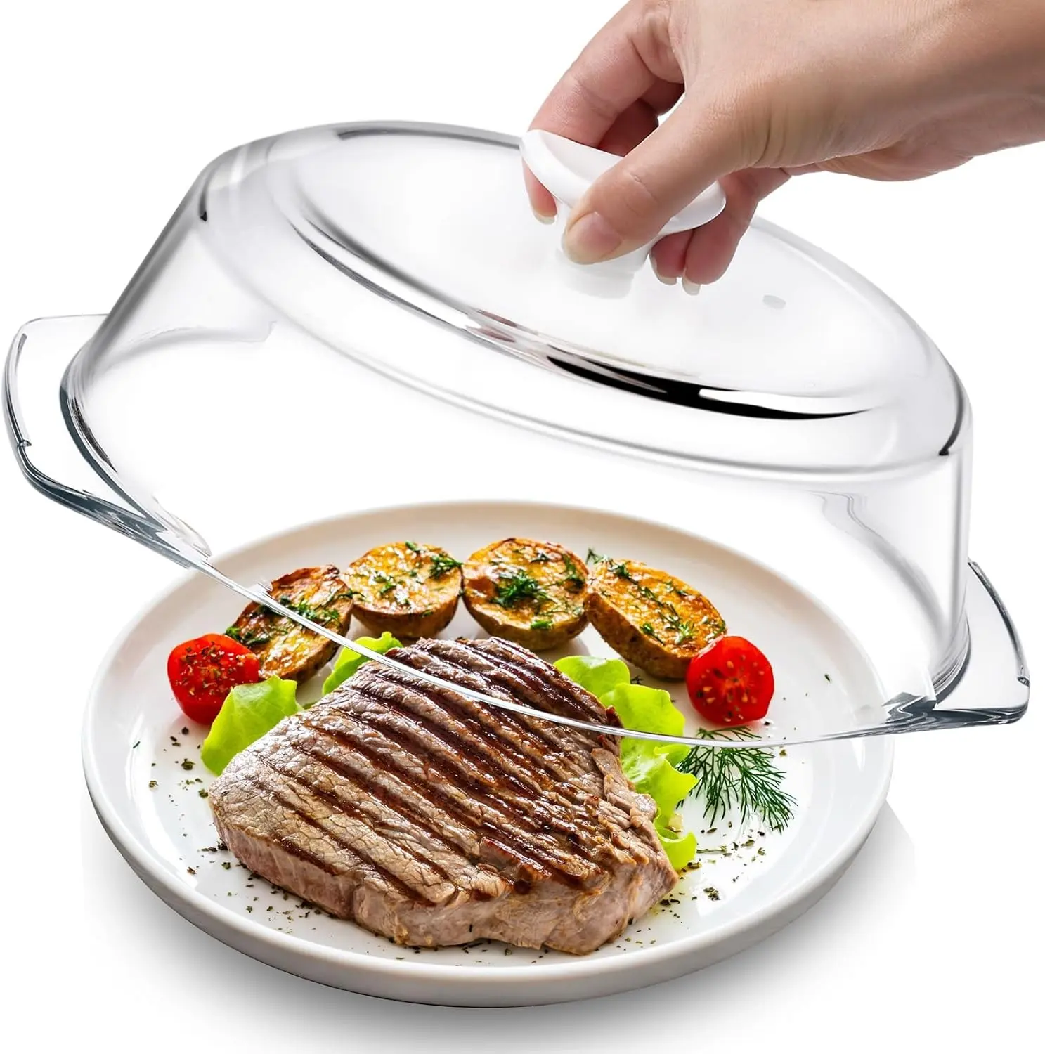 [Plastic-free] Glass Microwave Cover for Food with Ceramic Handle & Screw | BPA-Free Microwave Plate Cover with Steam Vent, Food-Grade, Dishwasher Safe, Fits Most Plates