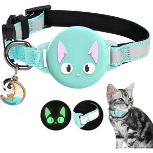 Waterproof AirTag Cat Collar Holder, Reflective Breakaway AirTag Cat Collar with Bells, Hidden GPS Tracker AirTag Cat Collar Holder for Kitten, Puppies, Girl Boy Cats, Cute Pattern(Mint Green)