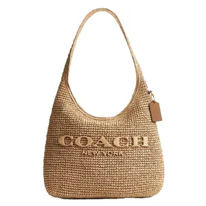 COACH Brooklyn 34 Magnetic Closure Woven Straw and Leather Shoulder Bag in Light Brown for Women