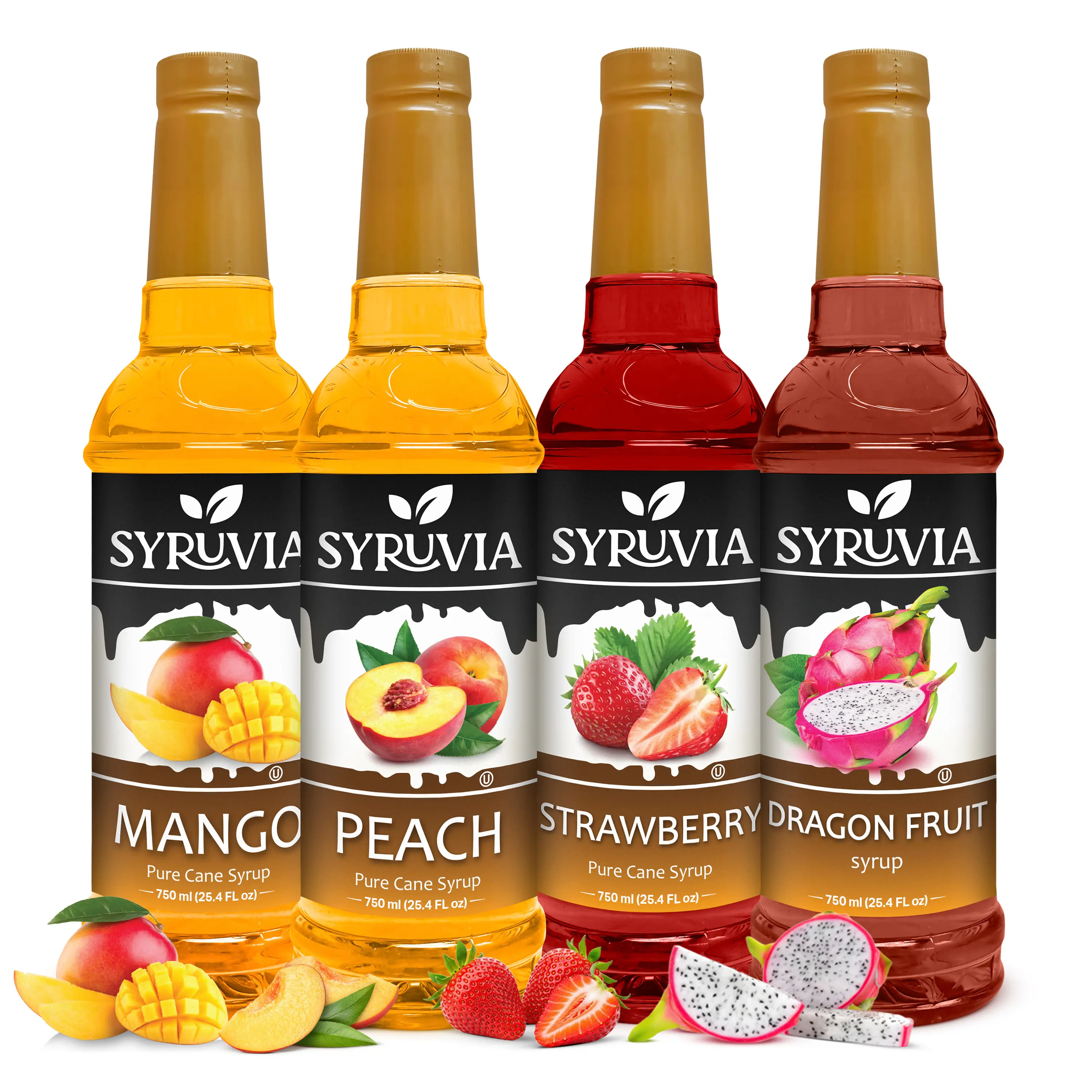 Syruvia Fruit Flavors Variety Pack – Mango, Peach, Strawberry & Dragon Fruit Syrup – Perfect for Cocktails, Lemonade, Iced Tea & Beverages – 25.4 Fl oz Bottles (4 Pack)