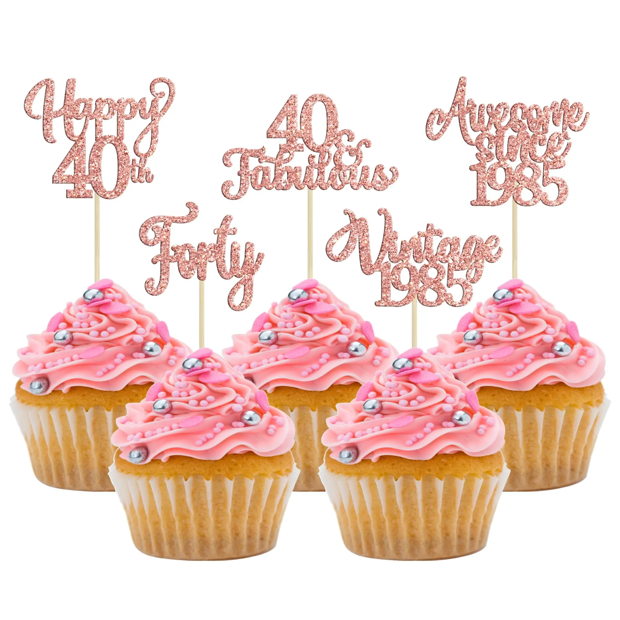 30pcs Vintage 1985 Cupcake Toppers Glitter Forty 40 Fabulous Happy 40th Birthday Picks Cheers To Years For Anniversary Party Cake Decorations Supplies Rose