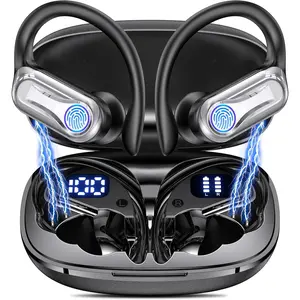 Wireless Earbuds, Sports Bluetooth 6.1 Earhooks Headphones, 90H Playtime LED Charging Case, ENC Noise Cancelling, 16.2mm Driver HiFi Stereo, IPX7 Waterproof Earphones for Running Workout Gym Black