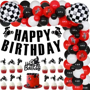 Dirt Bike Birthday Decorations For Boys - Red Black Balloon Garland Arch Kit With Happy Birthday Banner Cake TopperMotorcycle Cupcake ToppersCheckered Foil Balloons For Motocross Theme Party Supplies