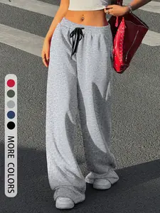 Ladies' solid color knit drawstring adjustable wide leg pants with elastic waist design, casual all season fit pants, comfortable, soft and fashionable, suitable for everyday wear, Womenswear.