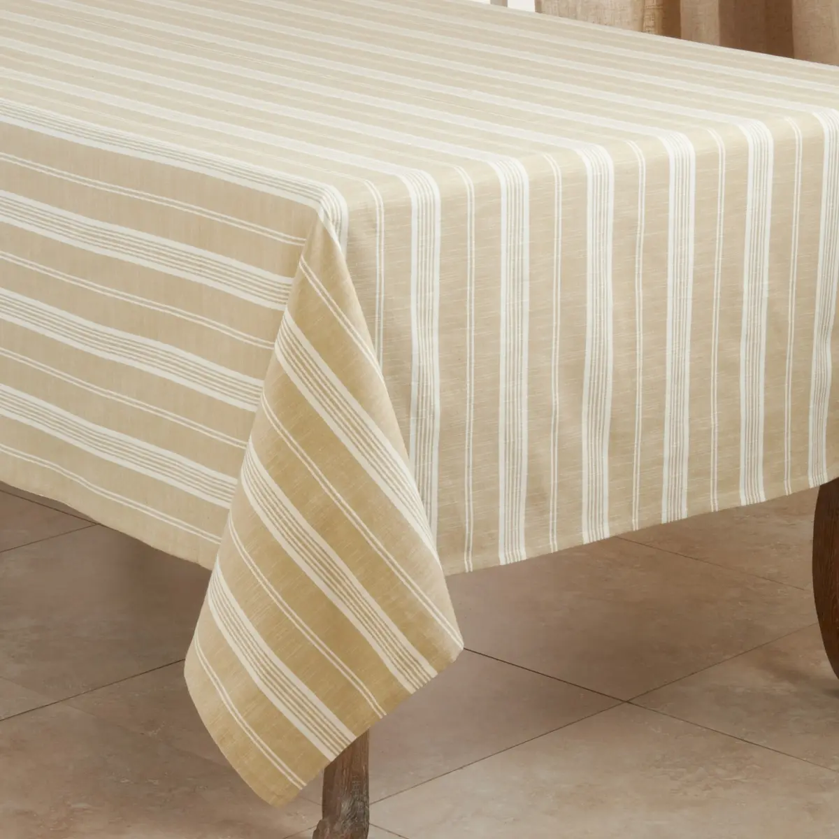 SARO 5618.KH70S 1-Piece 70-in Square 100% Cotton Tablecloth, Khaki Striped Table Covers, Durable, Machine Washable, Medium Iron Safe, 100 Percent Cotton