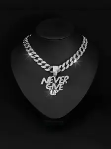 Valentine's Day Gift, Hip Hop Full Diamond Nevergiveup Letter Pendant Necklace, Alloy Cuban Chain, Street Style Artisan Jewelry
