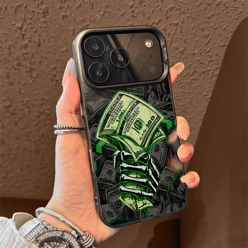 Money Power Trendy Print TPU Shockproof Smartphone Casing for iPhone 13-17 Pro Max, Luxury Hip Hop Aesthetic Men’s Daily Use Protective Cover Accessory
