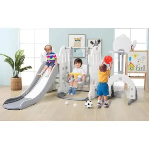 7-in-1 Toddler Slide and Swing Set,Gray Kids Indoor Outdoor Playground with Adjustable Swing,Basketball Hoop,Soccer,Golf & Ring Toss, Baby Freestanding Climber Playset for Boys Girls Ages 1-3