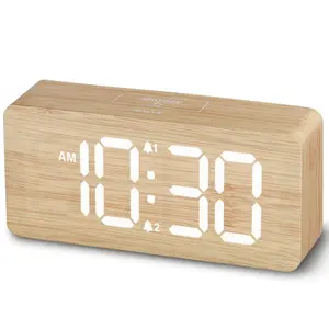 Wooden Digital Alarm Clock with LED Display — Large Numbers, Dual Alarm, USB Charging Port, Adjustable Brightness, Temperature Display — Bedside & Desk Clock for Home, Office & Bedroom