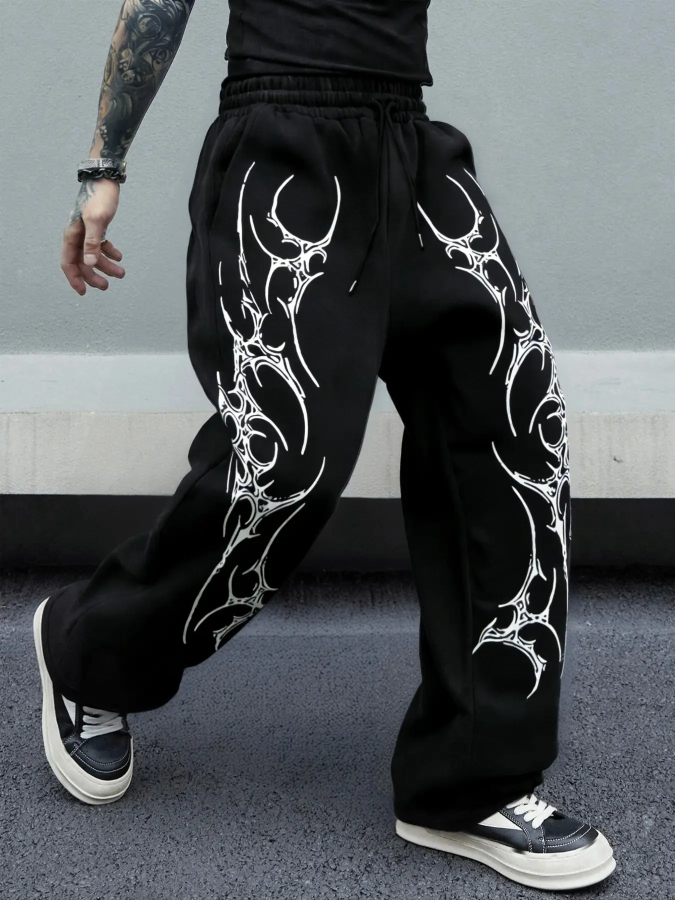 Men's Y2K Dark Aesthetic Graphic Thorn Print Wide Leg Pants, Loose