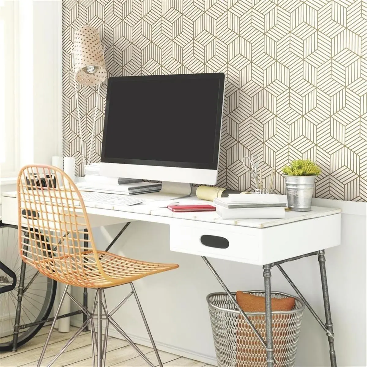212 MAIN Self-Adhesive Peel-Stick Vinyl Hexagonal Geometric Wallpaper, White-Gold Striped Removable Covering for DIY Decor, Living Room Accent Wall, Permanent Projects, 2 lbs Simple Casual Ambiance