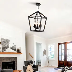 Farmhouse Lantern Chandelier 5-Light, Industrial Black Ceiling Light Fixture with Rustic Open Cage and Adjustable Hanging Height, E12 Base for Kitchen Island, Dining Room, Entryway, Foyer