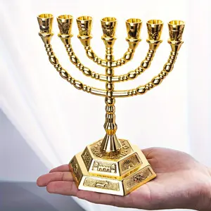 [7 Branch Golden Temple Menorah] Golden 12-Tribes Menorah - 7 Branch Temple Candle Holder for Home Decor, Perfect for Hanukkah & Kwanzaa Celebrations Mount Ornaments Metal L7.68*6.5*3.54In/19.5*16.5*9Cm