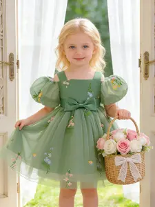 Girls' Green Embroidered Dress Birthday Party Attire Princess Gown Piano Recital Dance Costume