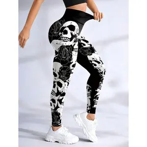 Women's skull flower print, casual, comfortable, breathable, high elasticity tight pants, suitable for yoga gym exercise, running, all season women's underwear, tight sports tight pantsRAIMENTRY