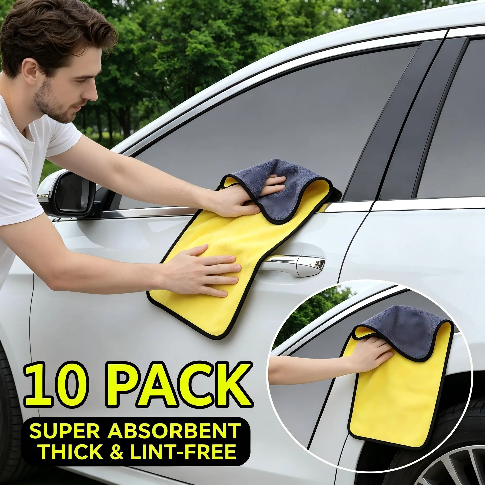 Automotive Car Care Accessories Kit - 10-Pack Ultra-Absorbent Microfiber Cleaning Cloths, Multifunctional Foldable Snow Brush with Rotating Long Handle, Car Wash Mop, Exterior Wash Sponges Cloths & Brushes