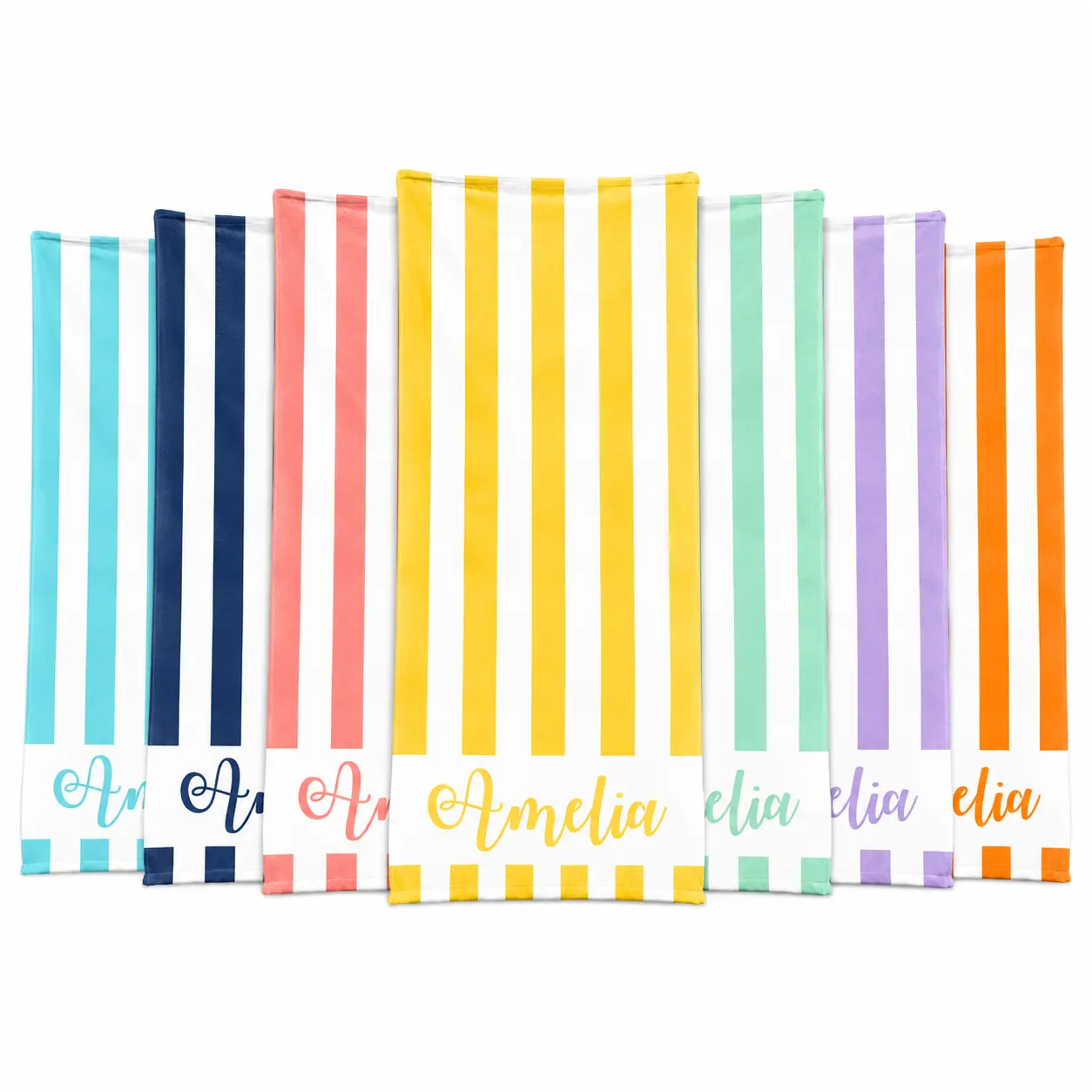 Customizable Vibrant Striped Cotton Beach Towel with Customizable Name Print - 50×100 cm,75x150 cm, Quick Dry, Fade-Resistant, Lightweight, Wrinkle Resistant, Multiple Sizes, Ideal for Pool, Beach Gifting