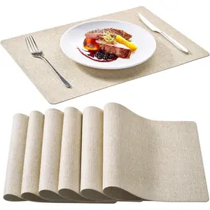 Faux Leather Placemats Set of 6, Beige Table Place Mats, Waterproof and Non-Slip Dining Table Mats for Indoor & Outdoor Use
