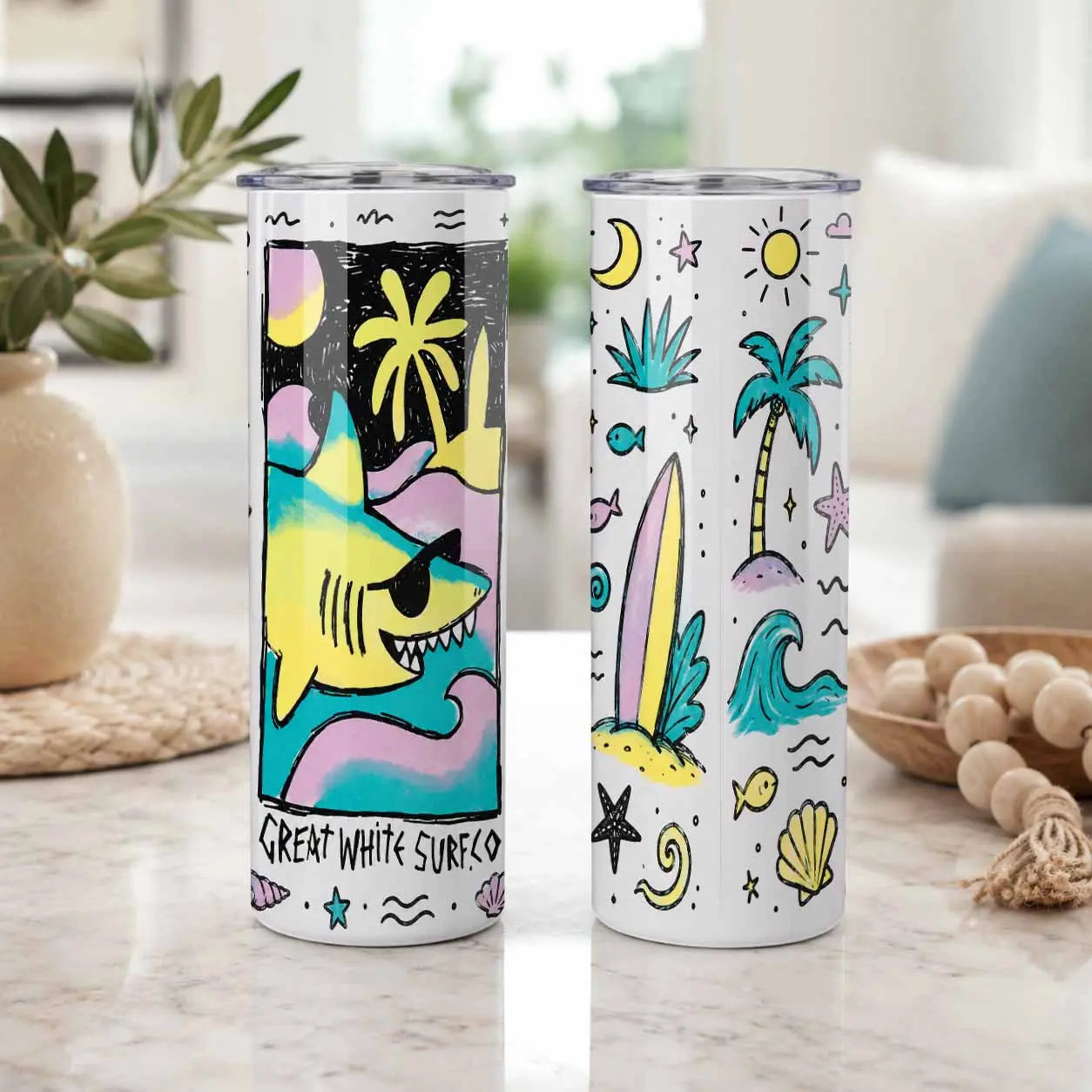 Cool Shark Surfing Straight Cup 20oz  Aesthetic Tropical Beach Palm Tree Pattern  Double Wall Vacuum Insulated Stainless Steel Tumbler  Perfect For Summer Vacations  Coastal Office Decor  Beach House