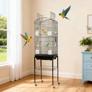 64 Inch Bird Flight Cage - Premium Metal Parrot Cage for Birds with Open Top, Detachable Rolling Stand, Storage Shelf & Play Top, Black