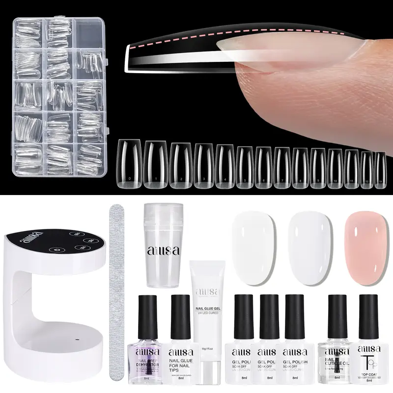 AILLSA Upgraded DIY Fake Nails Kit (224pcs 14-Size Tips) with Solid Glue, Dehydrator, 4-Timers Auto Sensor UV LED Lamp, 3 Gel Polishes, Top Coat, Stamp, Cuticle Oil, Gelx - Nail Care Gift for Girls (Fall, Birthday)