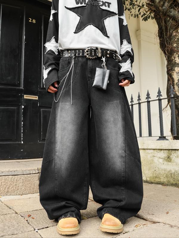 Men's Denim Jeans with Curved Knife Patchwork, American Style Y2K Streetwear Rock Casual Stacked Wide Leg Pants, All-Seasons