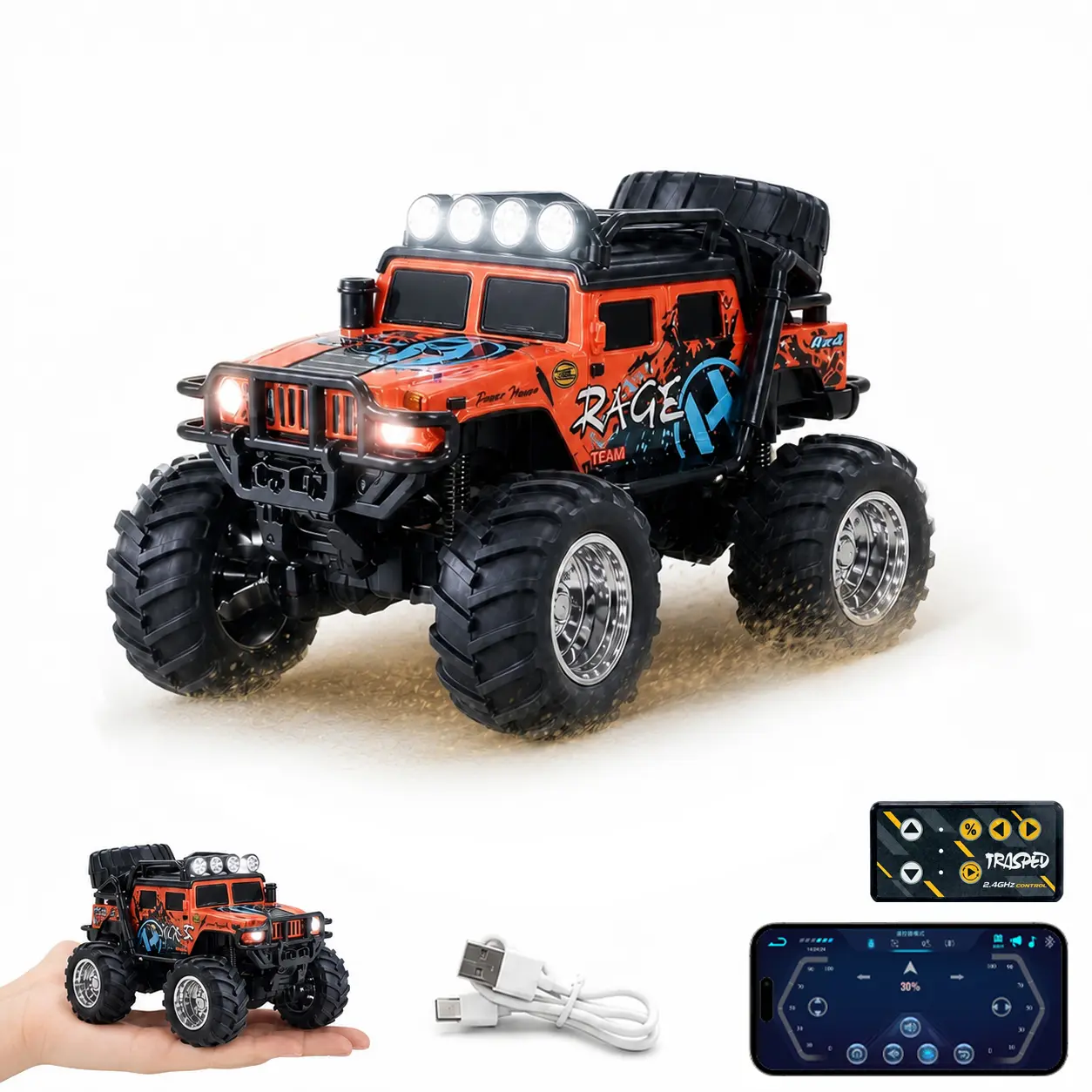 1/64 Mini RC Monster Truck - All-Terrain Metal Off-Road Pickup with Trailer, rc toys for kid, Remote & App Control, USB-C Rechargeable, Remote Controlled Vehicle, Adult‑oriented toys, Indoor Use, Batteries Built-In,  children fun Birthday Christmas Gifts