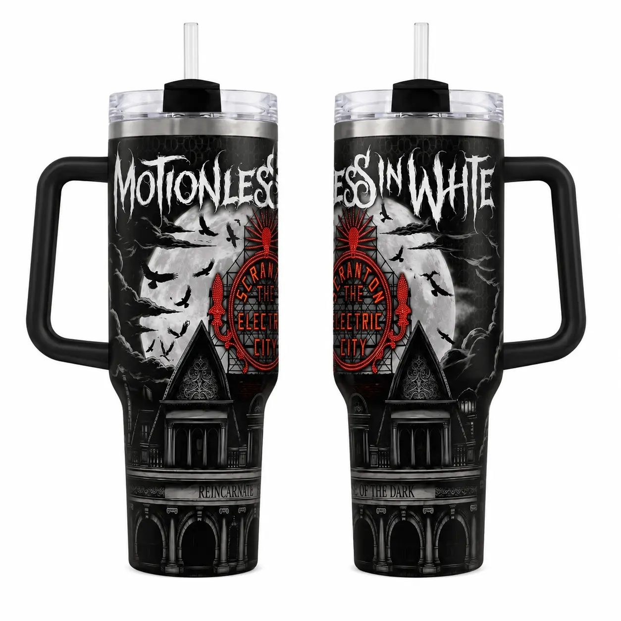 Moti0nless ln Whlte Reincarnate Printed Tumbler - 30oz/40oz With Handle & Lid, Gothic Metalcore Band Fan Cup With Scranton Electric City Moon Raven Artwork, Kitchenware Drinkware Gift (No Straw Included)