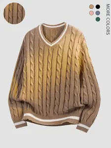 Autumn and winter new men's V-neck long-sleeved sweater, American trend, twisted stripes, suitable for daily outdoor wear, versatile and casual unisex, Knitwear