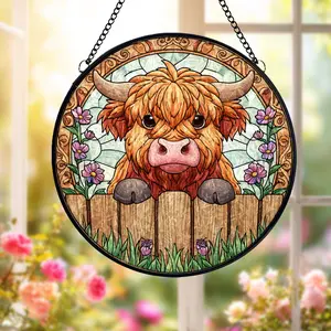 Highland Cow Stained Glass Suncatcher, Cute Farm Animal Window Hanging, Rustic Country Sun Catcher, Cottage Home Decor Gift