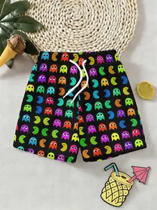 Trendy Boys' Cool Pac-Man 3D Beach Shorts, Retro Video Game Style Kids Vacation Shorts, Perfect for Outdoor Activities, Holiday Gifts, Birthday Presents