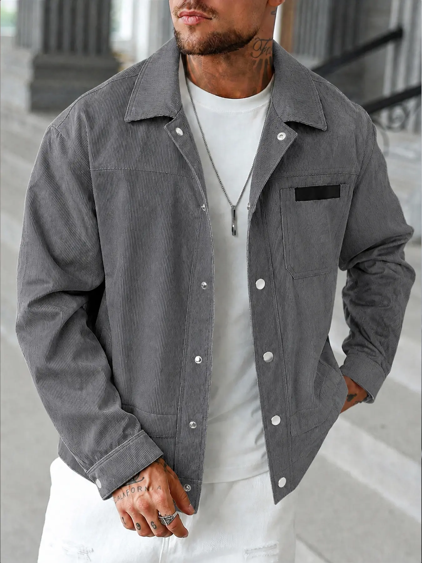 Men Corduroy Shirt Jacket for Fall Layering, Relaxed Snap Button Shacket with Turn-Down Collar, Chest Pocket, Overshirt Alternative