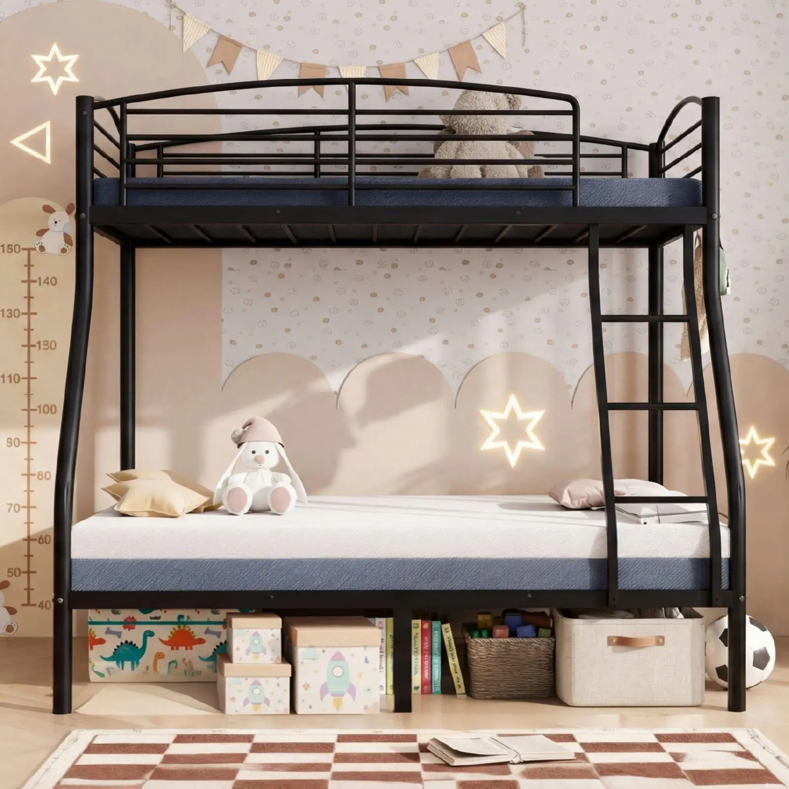 GARVEE Twin Over Full Metal Bunk Bed – Heavy Duty Space-Saving Bunk Bed with Ladder & Guardrail, Smooth Rounded Edges, Ideal for Dorms, Small Bedrooms, Kids Rooms - Black