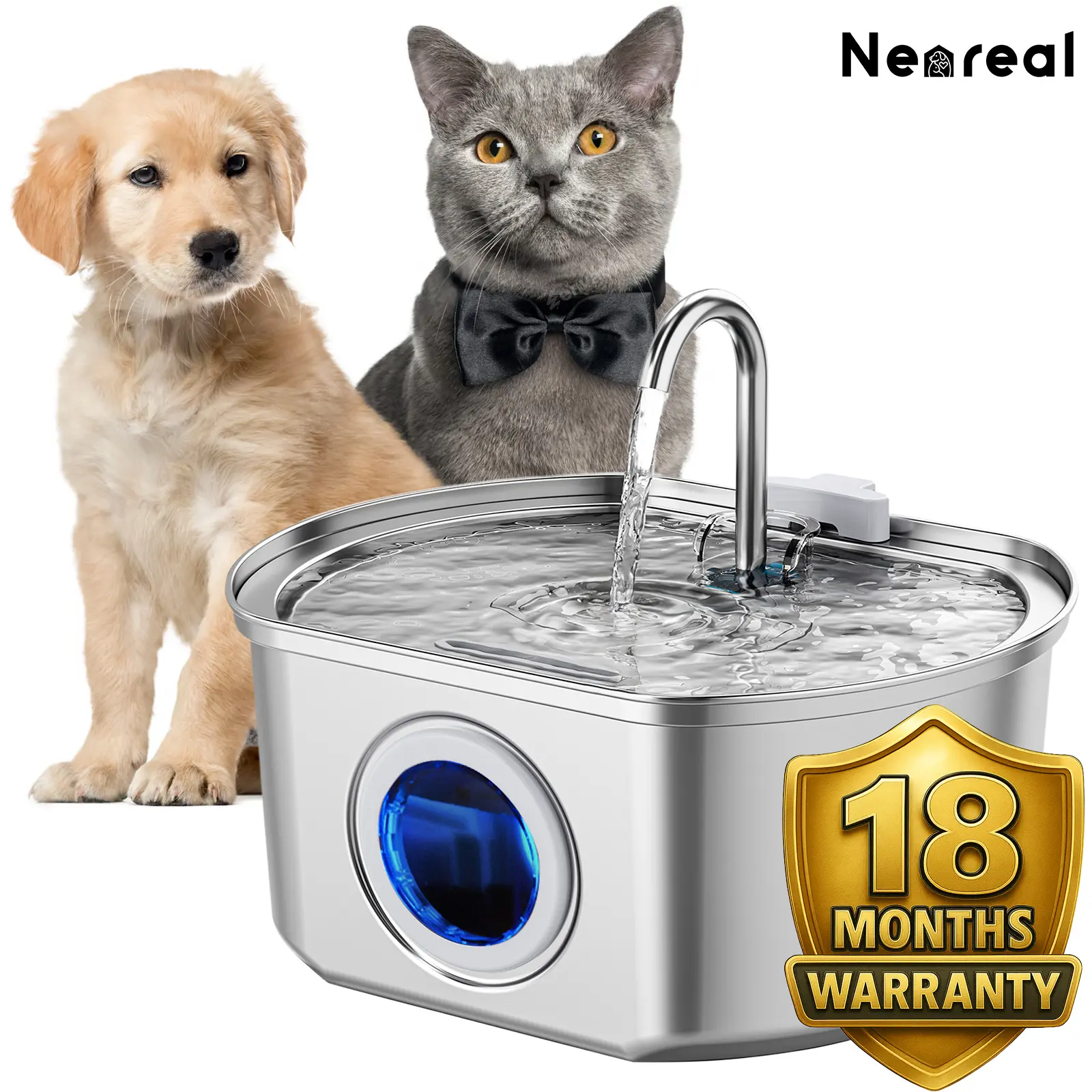 Neareal Modern 3.2L/108 oz Ultra-Quiet Stainless Steel Automatic Water Feeder - Pet Fountain with Power Supply, Water-Level Window, 4-Stage Filtration, Dishwasher-Safe Station, Hydration Solution for Cats & Dogs, 18-Month Warranty, Water Fountain