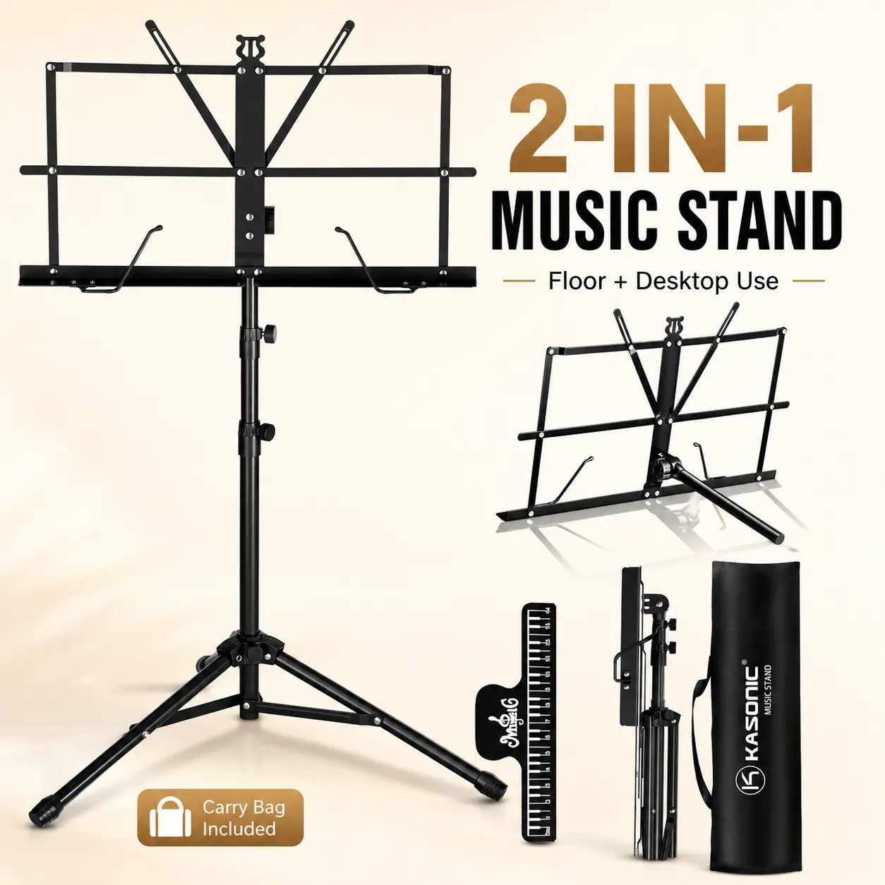 K KASONIC Portable Folding Music Stand, 2-in-1 Adjustable Sheet Music Stand with Carry Bag, Converts from Floor Stand to Desktop Stand for Piano, Guitar, Violin, Band Practice, Lessons and Home Studio summerwins