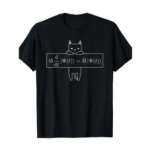 [100% Cotton] 100% Cotton Men's Schrodinger Equation Cat TShirt Physics Formula Quantum Mechanics Design Black Short Sleeve Round Neck Casual Science Tee for Physicists Teachers StudentsCasual Short Sleeve Style, Regular Fit Suitable for All Four Seasons.