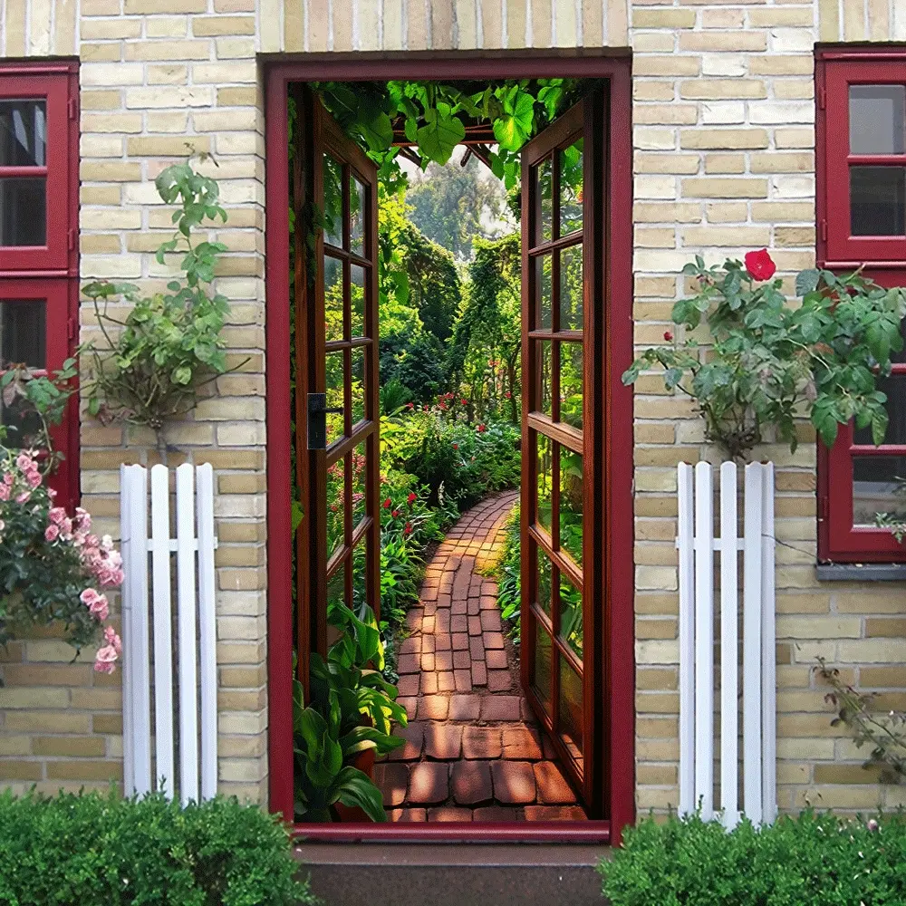 2pcs   Decorative Door Wall Sticker Realistic Wooden Door Visual Extension Effect Living RoomCorridor Background Wall Sticker Self Adhesive Removable Plant Landscape Home Decoration Poster Cross border Self Adhesive Stickers