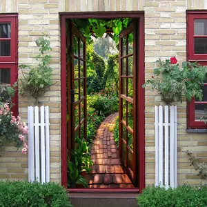 2pcs   Decorative Door Wall Sticker Realistic Wooden Door Visual Extension Effect Living RoomCorridor Background Wall Sticker Self Adhesive Removable Plant Landscape Home Decoration Poster Cross border Self Adhesive Stickers