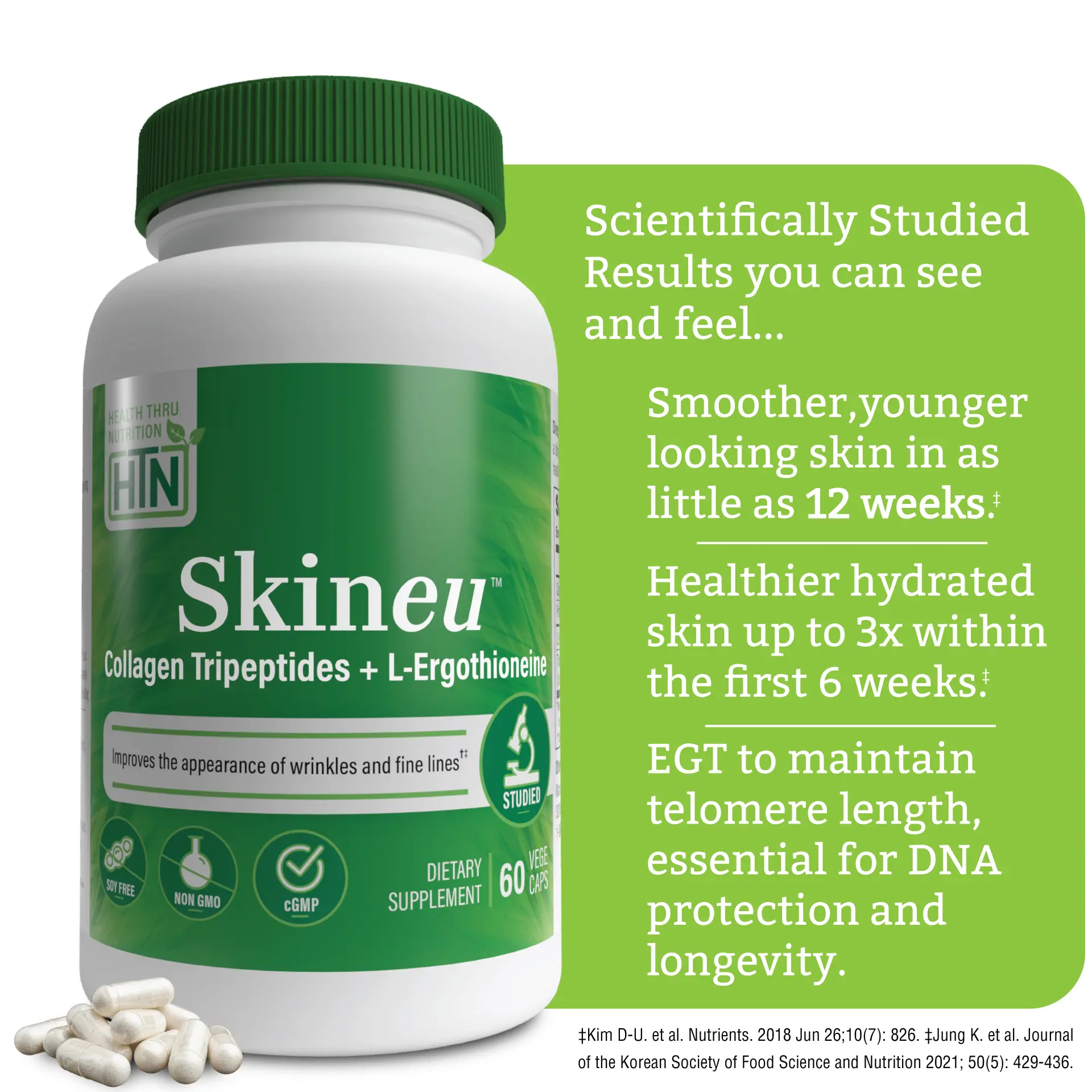 Health Thru Nutrition Skineu™ – Collagen Tripeptides + EGT L-Ergothioneine 60 Vegecaps | Skin Elasticity & Antioxidant