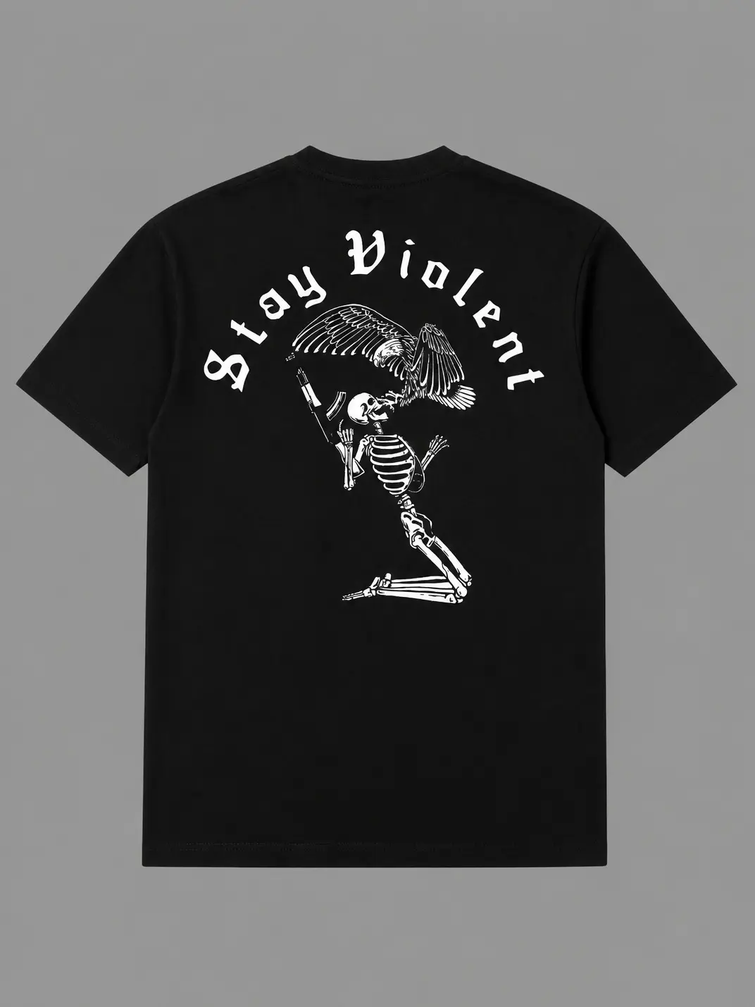 Stay Violent Tactical T Shirt Featuring Skeleton Warrior With Rifle And Eagle Graphic, Aggressive Military Streetwear Design Symbolizing Strength Defiance Combat Spirit And Modern Tactical Operator Lifestyle