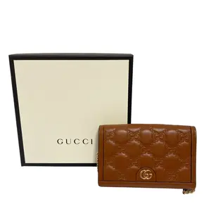 Pre-owned GUCCI Calfskin Small Leather Goods GG Matelassé Leather 2way Chain Wallet