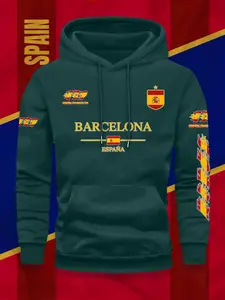 Men's Barcelona Logo & Spanish Flag Hoodie, Catalonian Badge Fanwear, Football Jersey Style, Winter Warmth