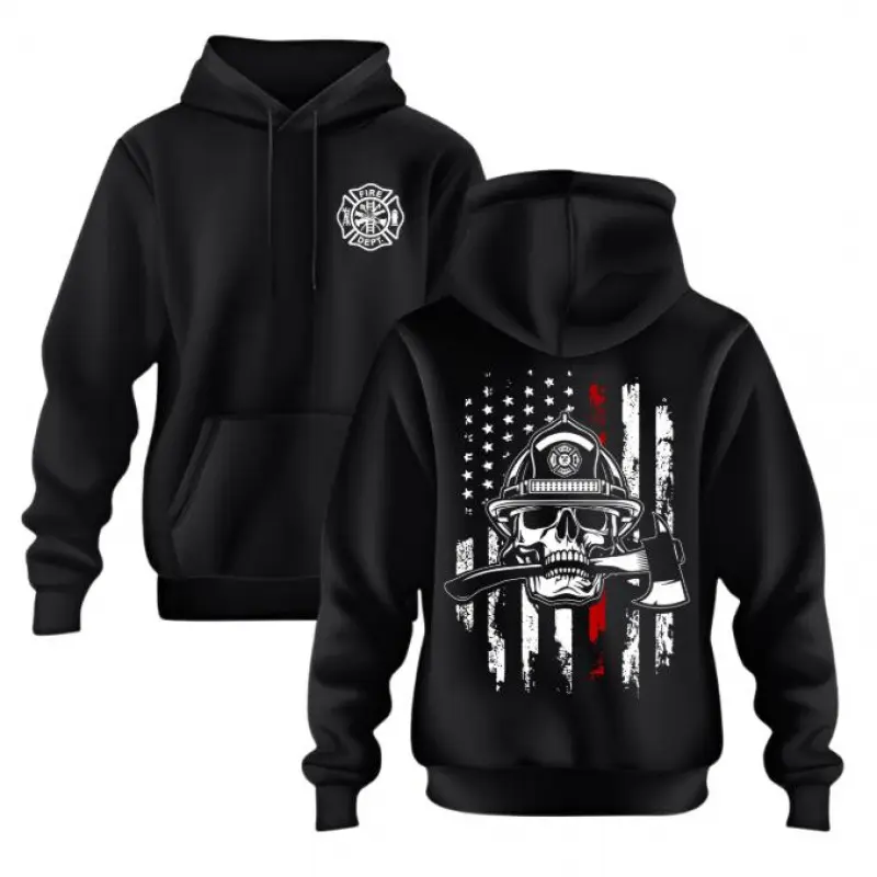 🔥👨‍🚒[Graphic Hoodie]Firefighter Skull Hoodie – Thin Red Line American Flag Graphic Pullover, Black Unisex Sweatshirt, Firefighter & First Responder Pride Gear, Casual Streetwear Hoodie, Cozy Pullover for Heroes, Perfect Gift for Men & Women