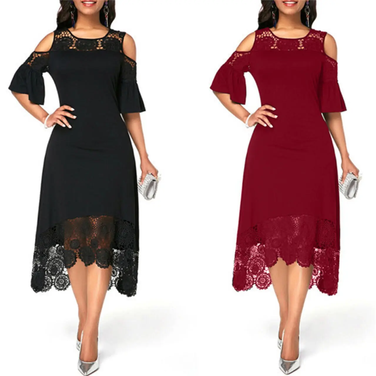 Women's Chic Lace Hollowed-Out Pullover Dress - Round Neck, Off-Shoulder, Short-Sleeve, Mid-Length Bridesmaid Dress with Breathable Design