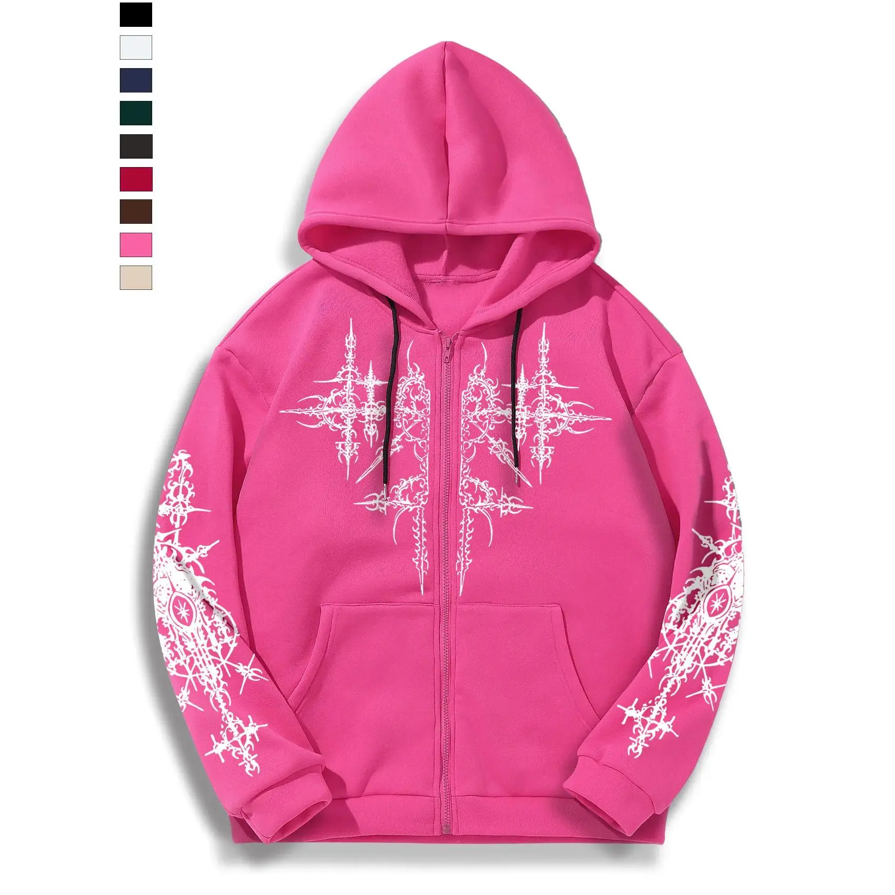 Men's Hooded Jacket with Art Lines Print, Casual Zipper Design with Pockets, Loose Fit for Spring & Fall Outdoor Activities