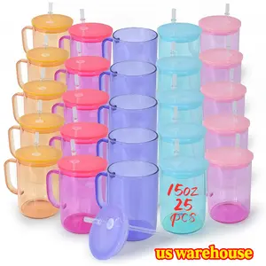 Sublimation Colorful Glass Mugs 25pcs 15 OZ with Plastic Straw & Lid - Coffee Mugs for Water and Vinyl, Reusable Bottle - Washable Coffee Mugs Drinkware Tumbler Portable