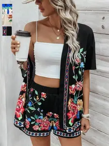 Fashionable Summer New Arrival Boho Style Printed Cardigan Short Sleeve Shorts Set, Casual High Waist Loose-Fitting for Daily Wear