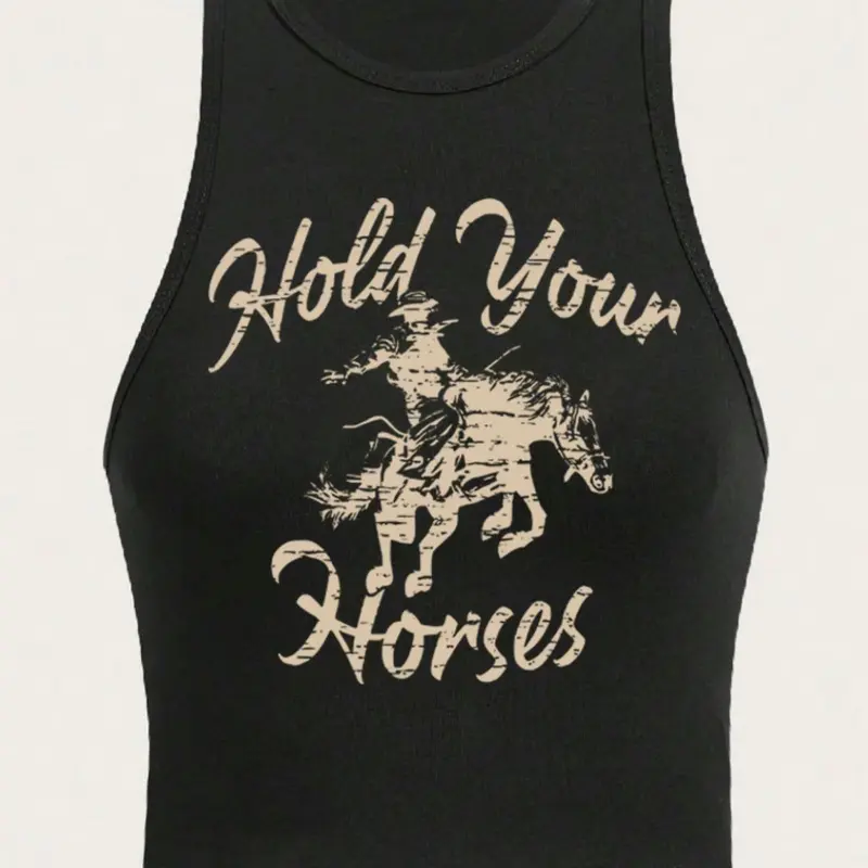 Women's Cowgirl & Animal Letter Print Round Neck Tank Top Fit, Slim, Vintage Trendy Casual Boho Sleeveless Aesthetic Top for Everyday Wear, Ladies for Summer, Socks, Womenswear, Sleeveless Tank Tops